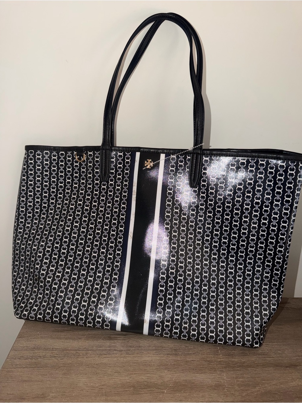 Tory Burch Black Patterned Tote with Center Stripe